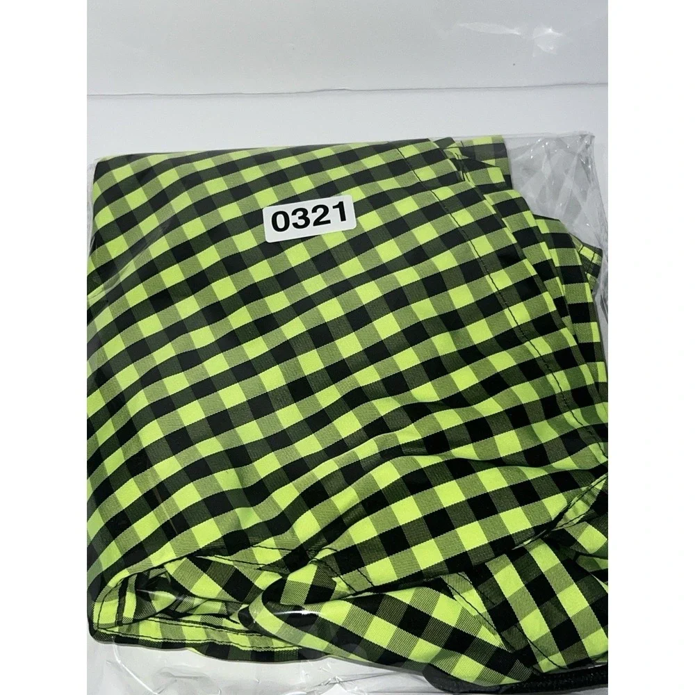 JARED LANG Men's Checkered Swim Trunks Neon Lime Black Plaid Shorts Sz. Medium